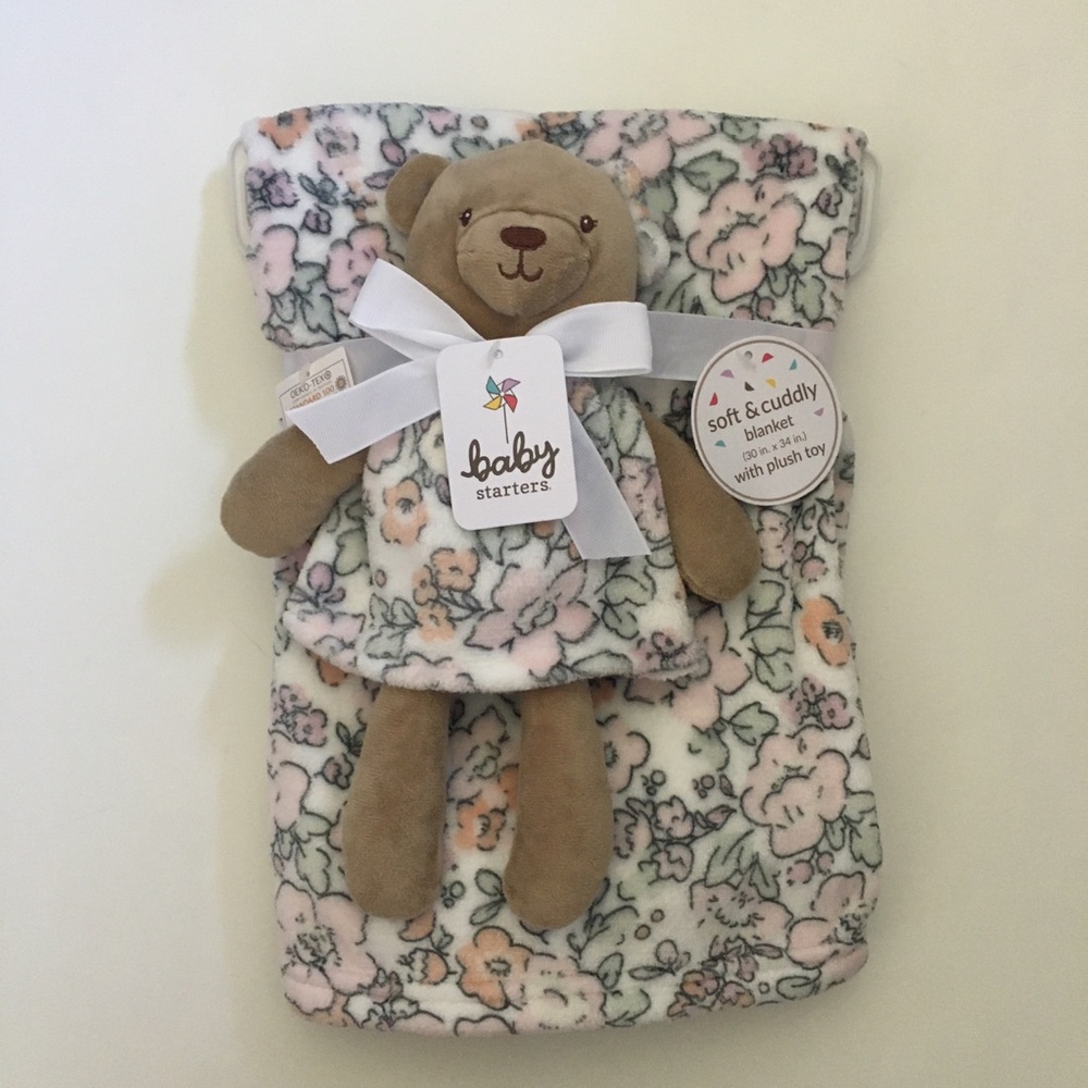 Teddy Bear Plush and Baby Blanket Set Floral Print NEW by Baby Starters